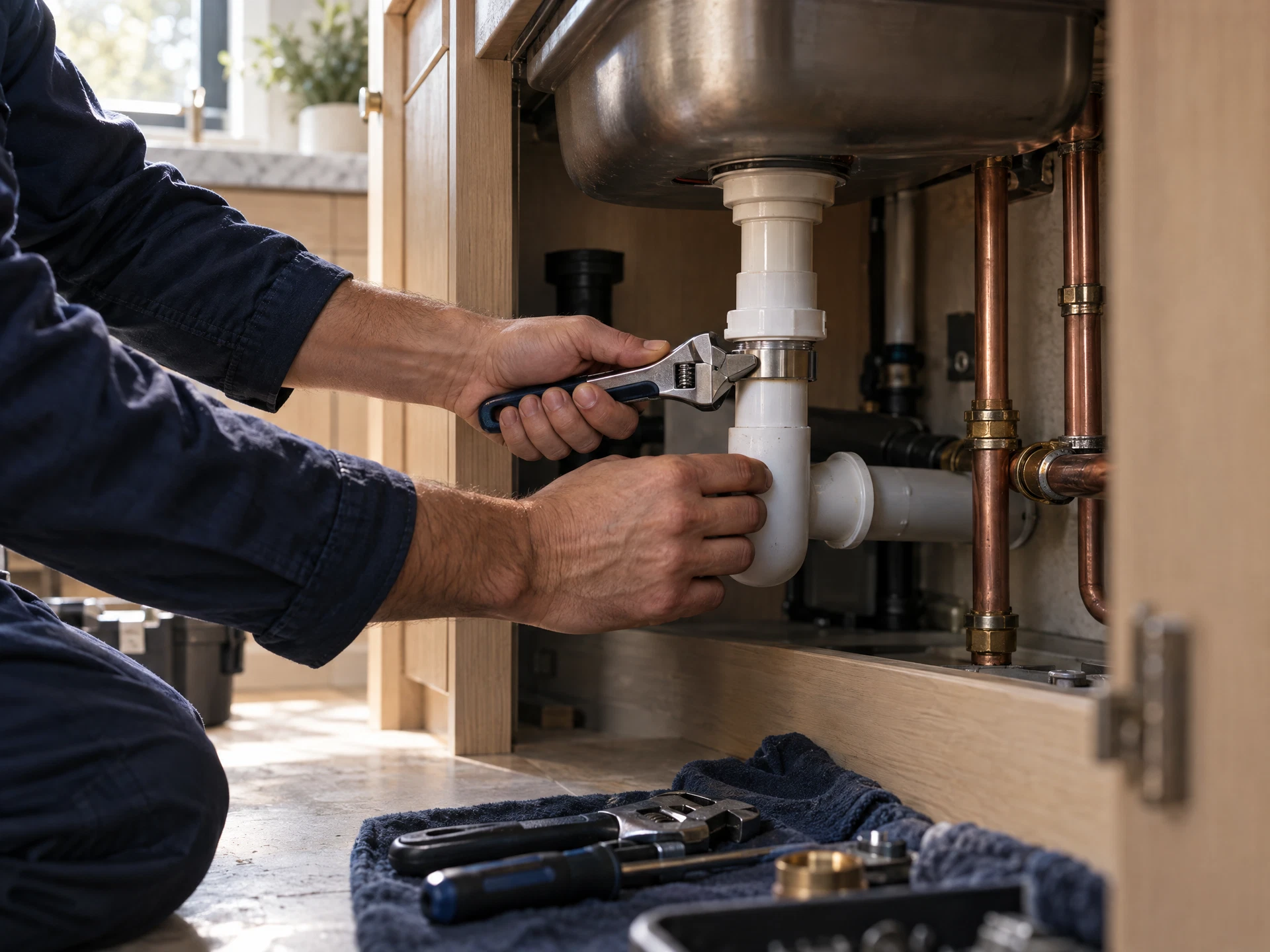 Plumbing work beneath a residential sink